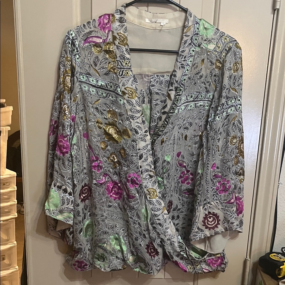 Anthropologie Floreat Japonica Wrap Large Blouse in a silk velvet blend